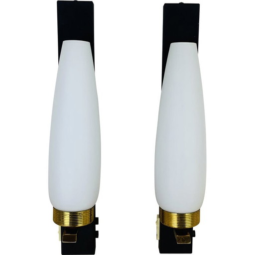 Pair of vintage metal and white opaline wall lamps, 1950s