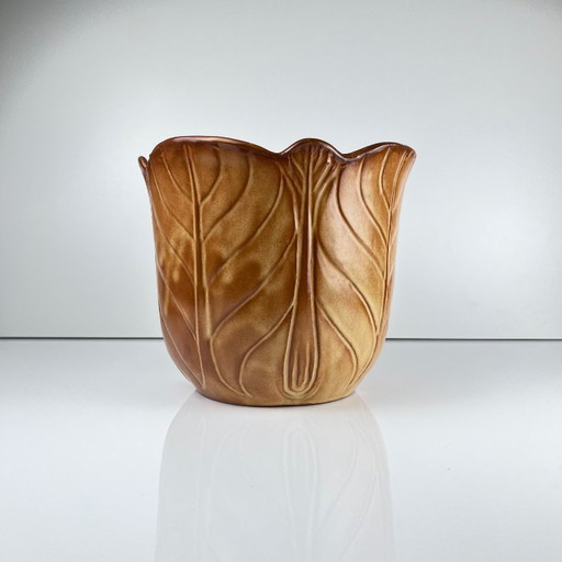Brown Earthenware Flowerpot with Ribbed Leaf Effect, 1960/70