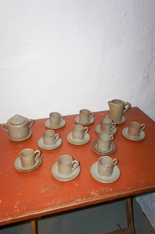 mid-century gres espresso set * mcm steengoed koffie set * 10 espresso kopjes met schotels, room en suikerpot * franse vintag