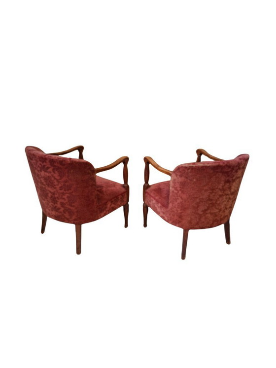 Image 1 of Élégante paire de fauteuils vintage en chêne et velours damassé des années 1960