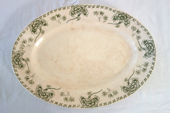 Image 1 of Kleine ijzeren soepterrine of groenteschaal, Palmyre-motief, fabriek van Sarreguemines. Groen bloemendecor. Uitstekende staat.