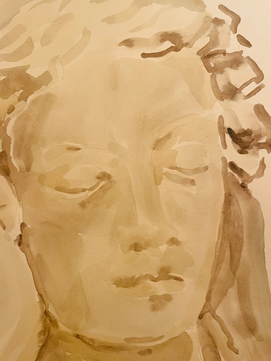 Image 1 of Retrato de una mujer en acuarela sepia monocromática, "pensamiento".