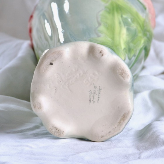 Image 1 of Large Antique Vase signed St Clément in Barbotine "Anemones"