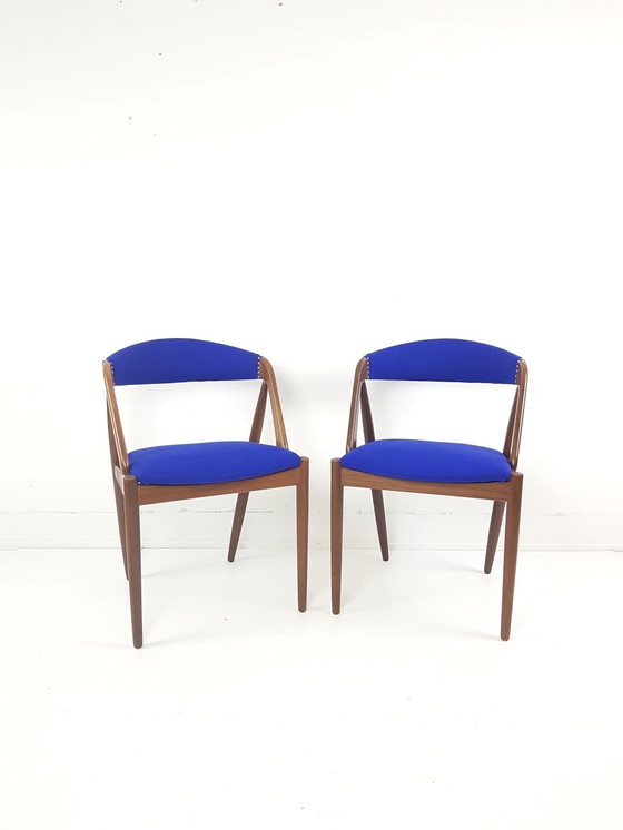 Image 1 of 2 teak stoelen Model 31 Dining Chairs Kai Kristiansen wol De Ploeg nieuw gestoffeerd 
