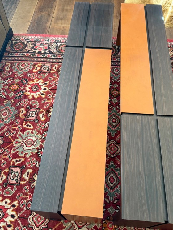 Image 1 of Custom made twin coffee tables in Macassar wood and orange calf leather details