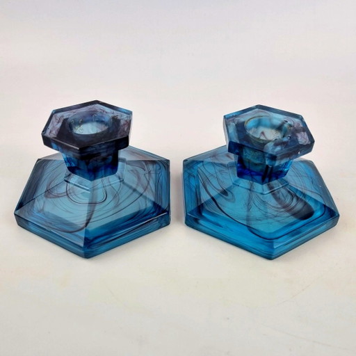 blauer Kerzenständer von Davidson Glass