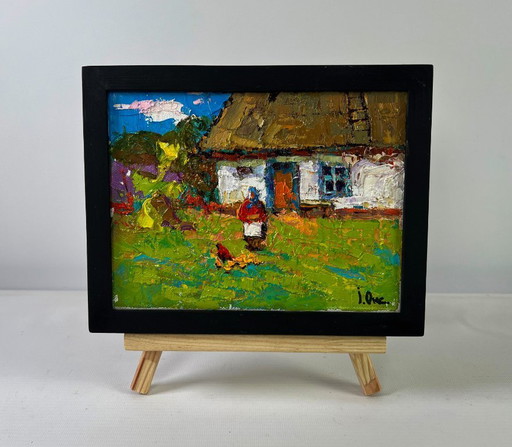 Original Oil Painting Summer Village Landscape Warm of wings and rustic silence