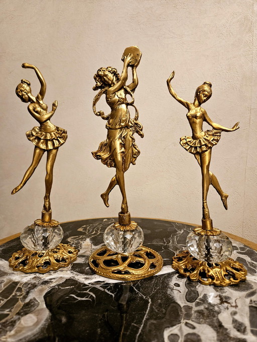 Golden Dancing Figurines – Set of 3 | Brass & Crystal | Vintage Ballerina Sculptures by Saraya Abden