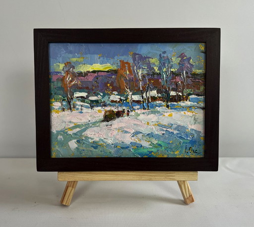 Original Oil Painting Winter Village Landscape Returning home with hay