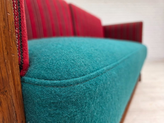 Image 1 of 1950s, Danish 2 seater drop arm sofa, original striped red furniture wool, oak wood.