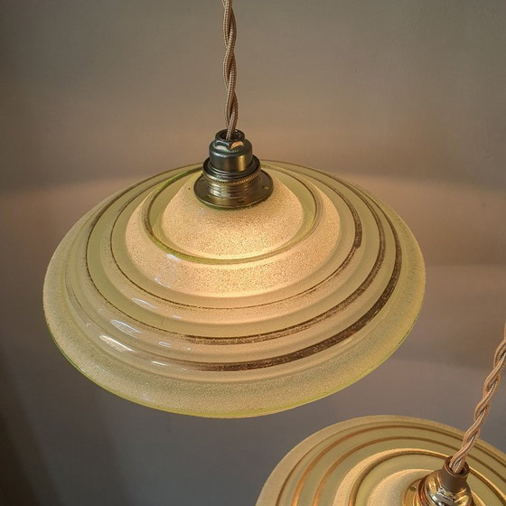 Set of 3 Antique Pendant Lights of Opaline Glass in Green, with Crushed Glass and Gold Decoration (photo 18 of 20)