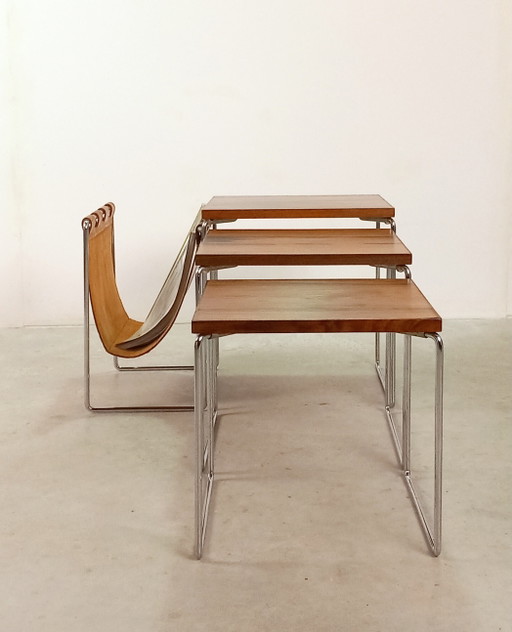 Vintage Dutch Design Brabantia Miniset Met Tuigleer Lectuurbak Nesting Tables – bijzettafels, Leather, Metal