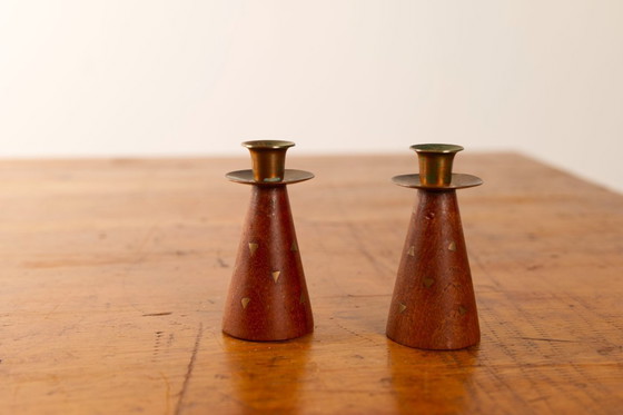 Image 1 of 2x Vintage Small teak and brass triangle inlay candle sticks