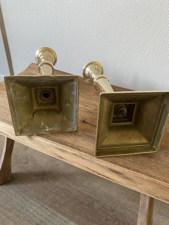 Image 1 of 2 large vintage brass candlesticks pearl rim