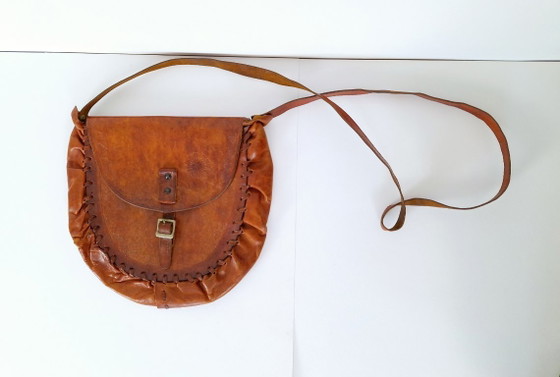 Image 1 of Vintage handtas van bruin leer met reliëf: handgemaakte boho schoudertas