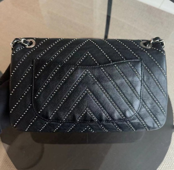 Image 1 of Chanel Seasonal Flap - Studded 25CM Chevron Calfskin Black Silver Hardware Series 24