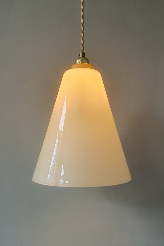 Image 1 of Large Vintage Opaline Conical Pendant Lamp in Amber / Soft Yellow Art Deco Style