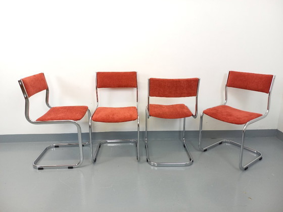 Image 1 of Suite of 4 vintage cantilever chairs in chromed metal and fabric from the 70s