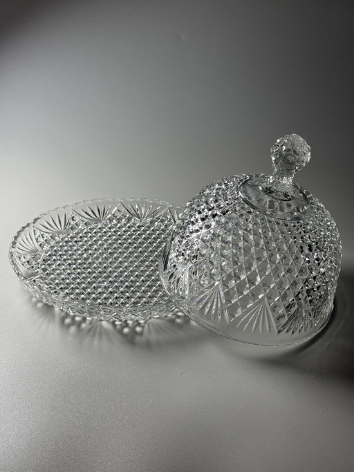 Campana para queso/mantequilla de vidrio prensado estilo Art Déco – Verreries de Scailmont, Bélgica, década de 1930