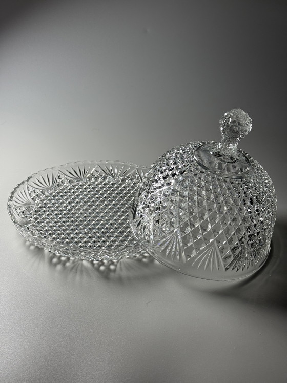 Image 1 of Campana para queso/mantequilla de vidrio prensado estilo Art Déco – Verreries de Scailmont, Bélgica, década de 1930
