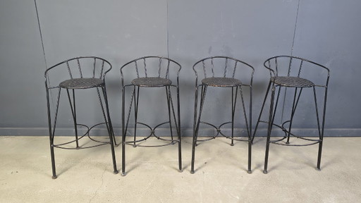 Tabourets de bar vintage en fer forgé et rotin, lot de 4 - années 1970