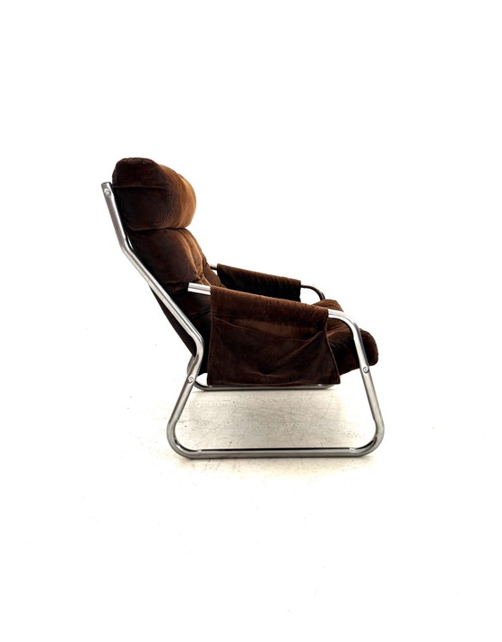 Vintage buisframe fauteuil, Gillie Lundgren, Ikea ‘70, Chroom, Textiel, Bruin (foto 3 van 10)