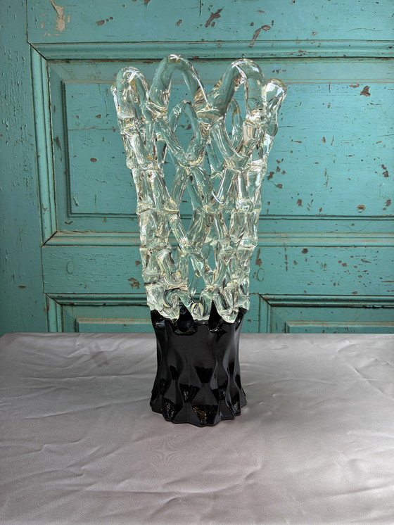 Image 1 of Lattice Web Art Glass Vase with Lime Design Murano Style