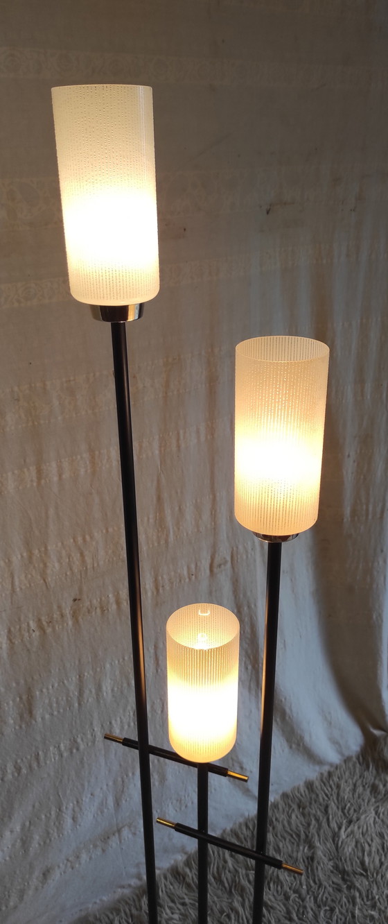 Image 1 of Modernistische vloerlamp met drie lampen in tulpvorm, uitgevoerd in opaalglas - jaren 1950/60