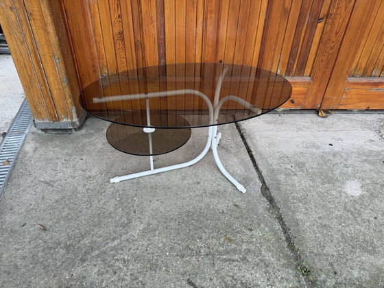 Vintage Oval Table with Metal Legs and Smoky Glass Top, Coffee table books, Scandinavian (photo 4 of 7)