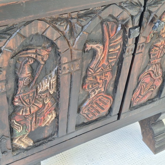 Image 1 of Arts of México Spaans-koloniale gesneden en beschilderde console/dressoir, jaren 1940-1950