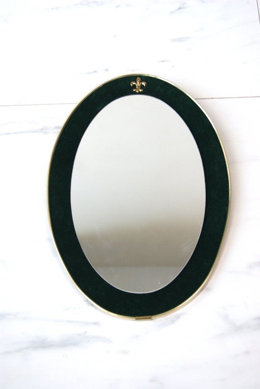 Vintage Hollywood Regency Wall Mirror — Brass & Green Velvet with Fleur-de-Lis (34.5 cm)