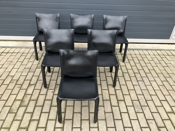 Image 1 of 6x Cassina Kabinenstuhl, schwarzes Gurtleder, Mario Bellini