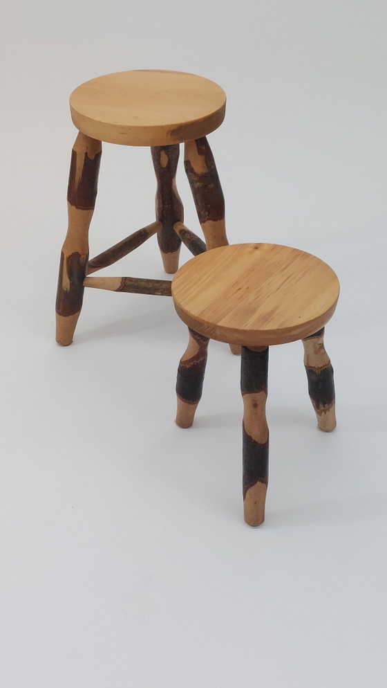 Pair of vintage mid-century hazelwood stools with carved bark decor – Footstools & poufs (photo 2 of 11)
