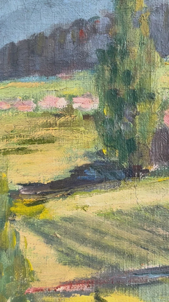 Image 1 of Peinture à l'huile originale vintage représentant un paysage champêtre.