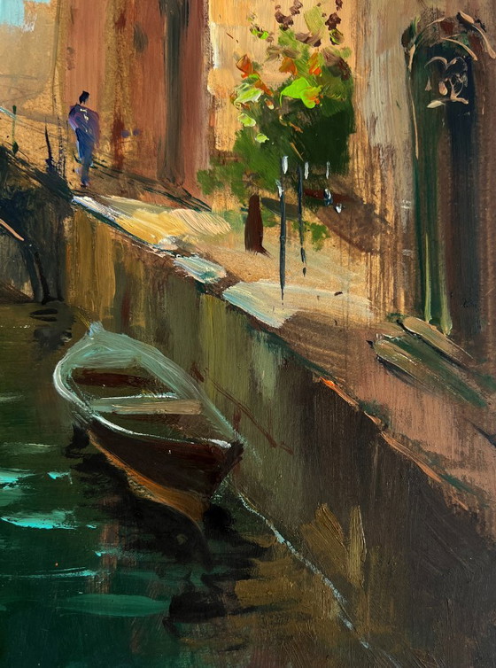 Image 1 of Original Oil Painting City River Landscape The busy streets of Venice