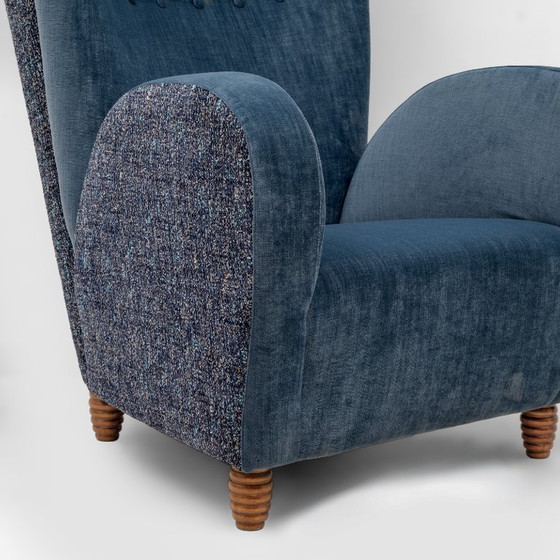Image 1 of Pair of Italian Paolo Buffa High-Back Armchairs in Blue Velvet and Chenille, 50s