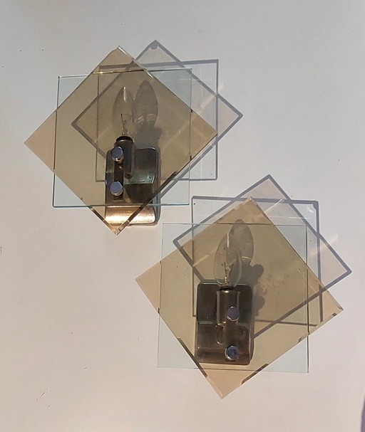 Coppia di lampade da parete Fontana Arte degli anni '70 – wandlampen, Glass, Metal (photo 2 of 8)