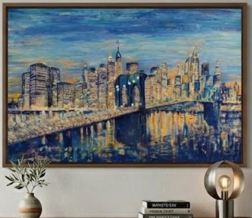 Tableau contemporain à l'acrylique, signé Zély. Brooklyn au crépuscule.
