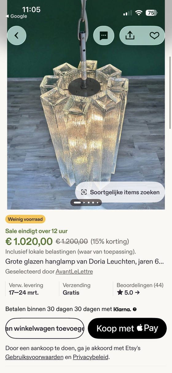 Image 1 of Large glass pendant lamp by Doria Leuchten, 1960s/Crystal glass chandelier/Mid-Century Modern light/Hollywood Ragency/Ice