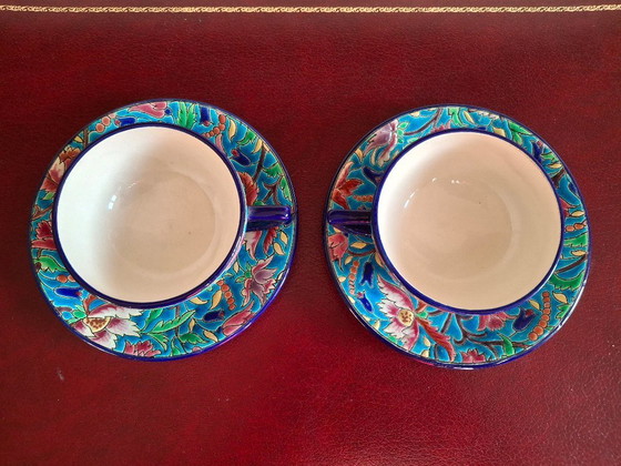Image 1 of Tête à tête, Set bestehend aus 2 Teetassen und Untertassen aus Longwy-Emaille