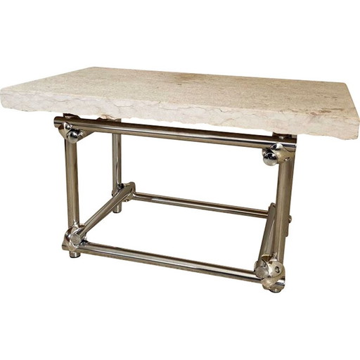 Mesa de centro vintage de cromo y travertino, Italia, 1970