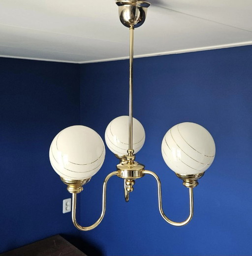Vintage Mid-Century Brass Ceiling Lamp with White-Gold Glass Spheres – 60s/70s