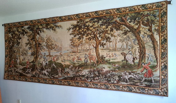 Image 1 of Large custom-made Jules Pansu French tapestry with 18th-century royal hunting scene 'en Forêt de Compiègne' 390 x 157 cm