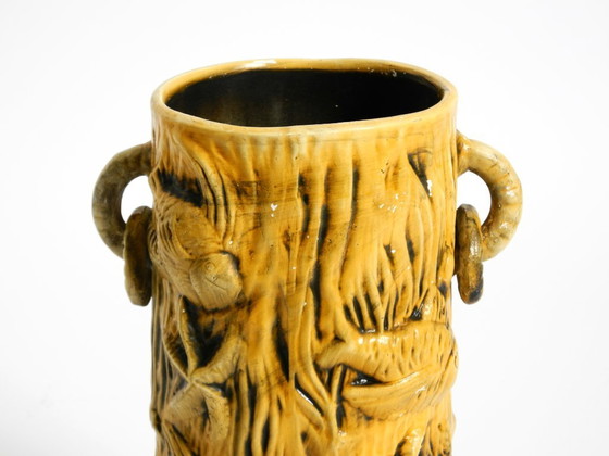 Image 1 of Beautiful large handmade glazed ceramic floor vase, handled vase with maritime fish and starfish motifs | Mid Century Modern