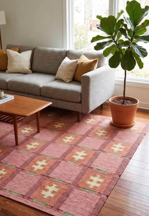 Neuer 100% Wollteppich, rosa und orange, handgefertigt aus Indien