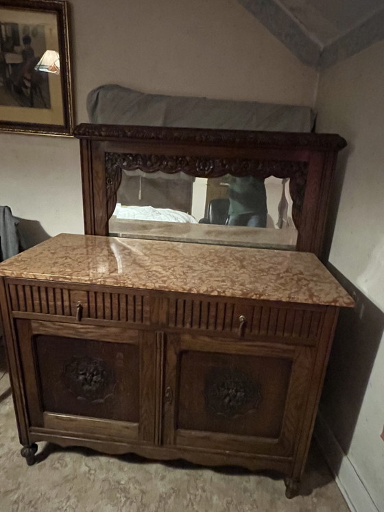 Image 1 of 4-piece bedroom furniture set with high-quality marble, all with the same wood detail.