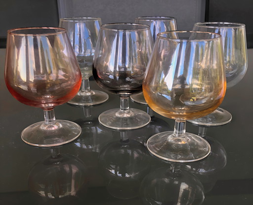 Beautiful Colored Vintage Set Of 6 Cognac Glasses, Unique!