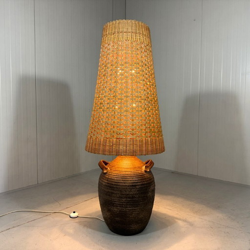Large pottery floor lamp with rattan shade 1960's