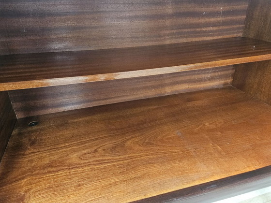 Image 1 of Mid-Century Mahogany Sideboard with Teal Glass and Compartments with Drawers, 1950