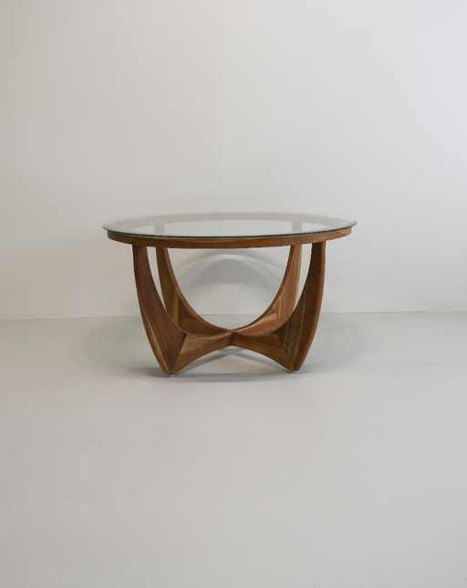 Mesa de centro de teca maciza con tapa de cristal – hecha a mano